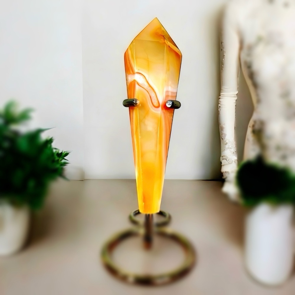Natural Polished Carnelian Crystal Wand With Metal Stand - Picture 2 of 15